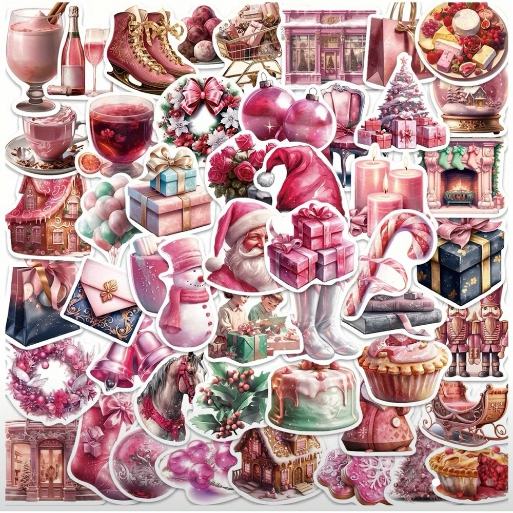 Set of 50 Victorian Pink Christmas Stickers Santa Tree Gifts Boots Cakes